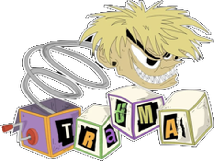 Trauma logo: a grinning blond head on a spring bursting out of a box, with TRAUMA spelled on toy blocks